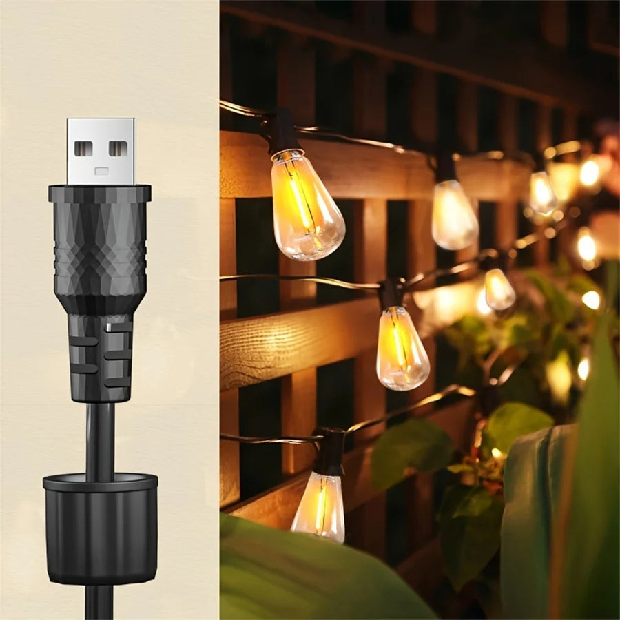 Linear 25/60/100/ ft solar string lights with USB port and remote control, solar garden lights, durable, dimmable, ST38 LED bulb