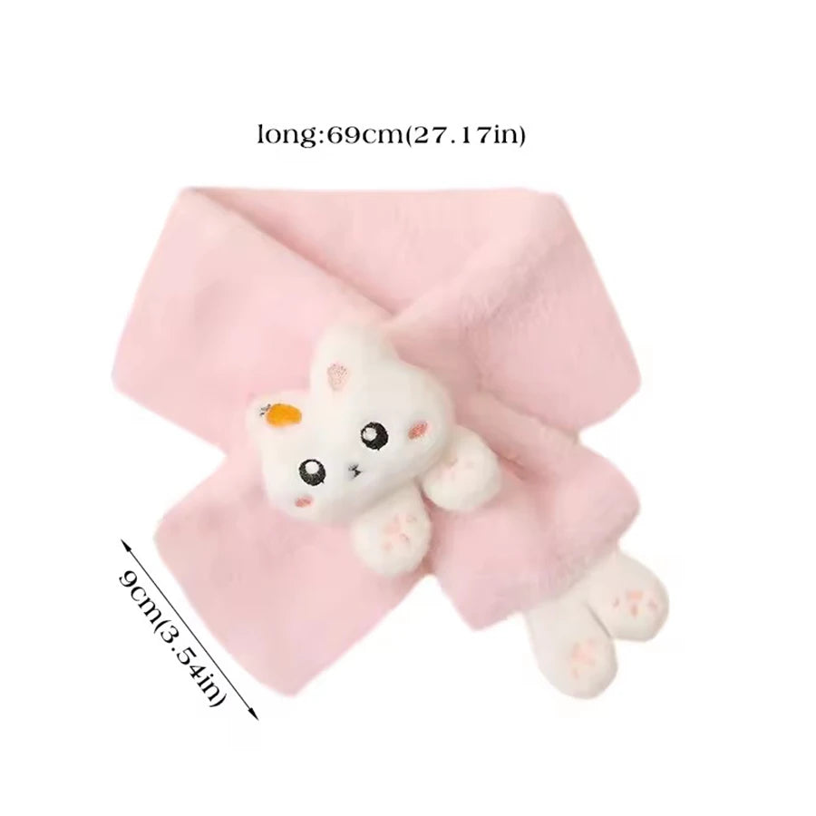 Cute Cartoon Rabbit Design Girls' Winter Warm Thick Plush Scarf with Faux Fur Protection