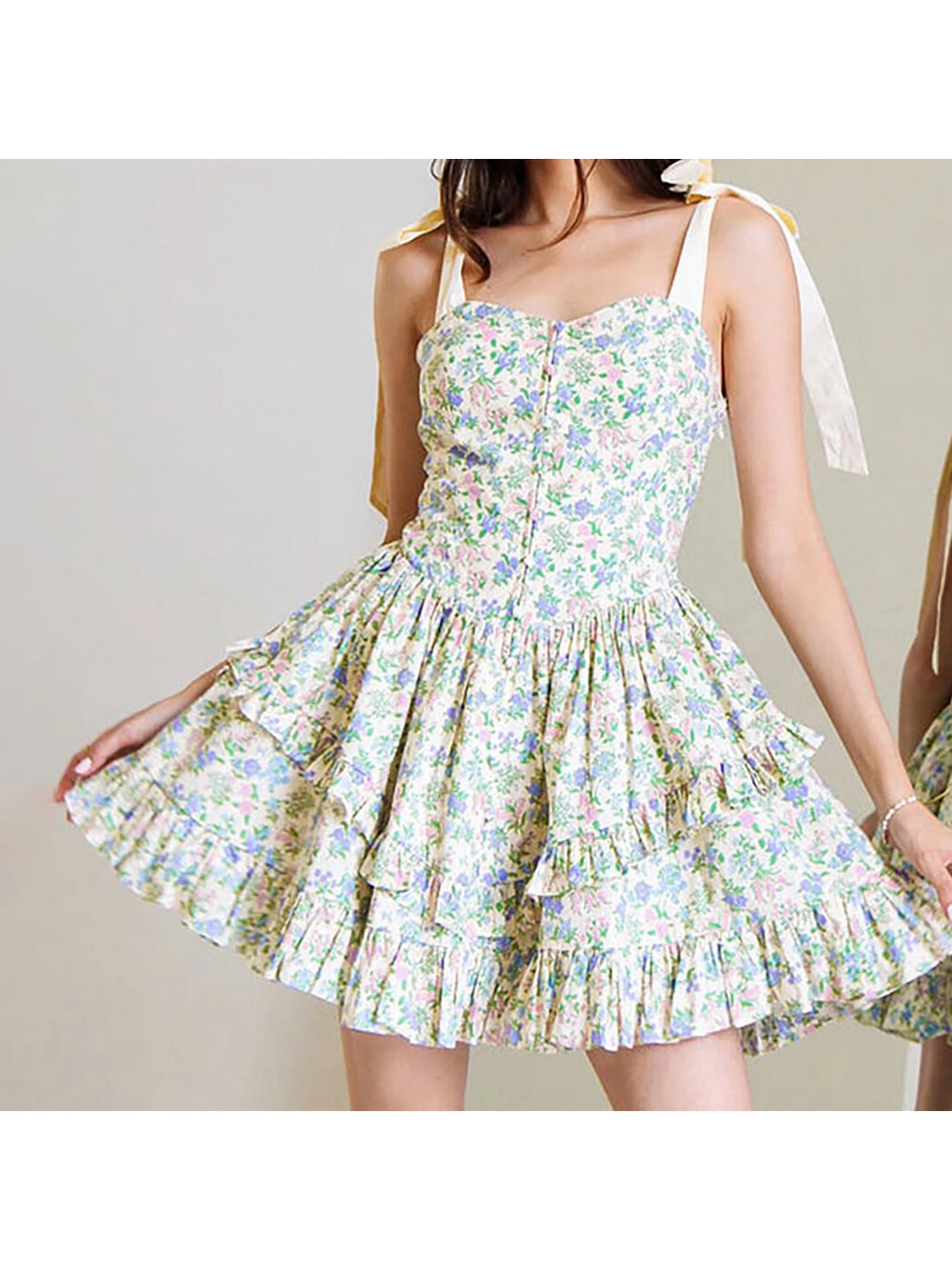 Hirigin Elegant Sleeveless Floral Print Mini Dress Bow Tie Shoulder