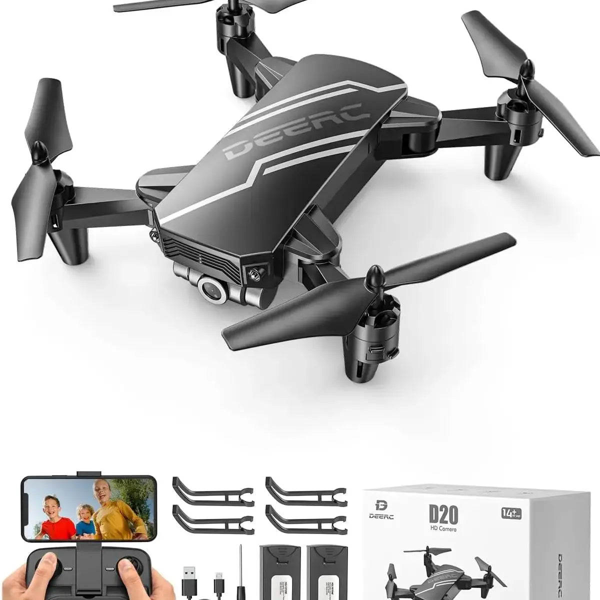 DEERC D20 Kids Drone: Foldable, HD Camera, FPV, Gesture Ctrl, Altitude Hold, 3D, Headless,C0.