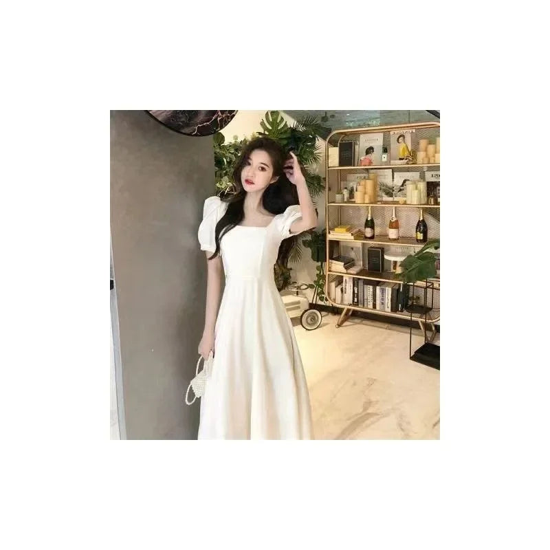 HebeiCraft Of Weaving Princess Sleeve Square Collar Hepburn Style Women's Dress Slimming Waist