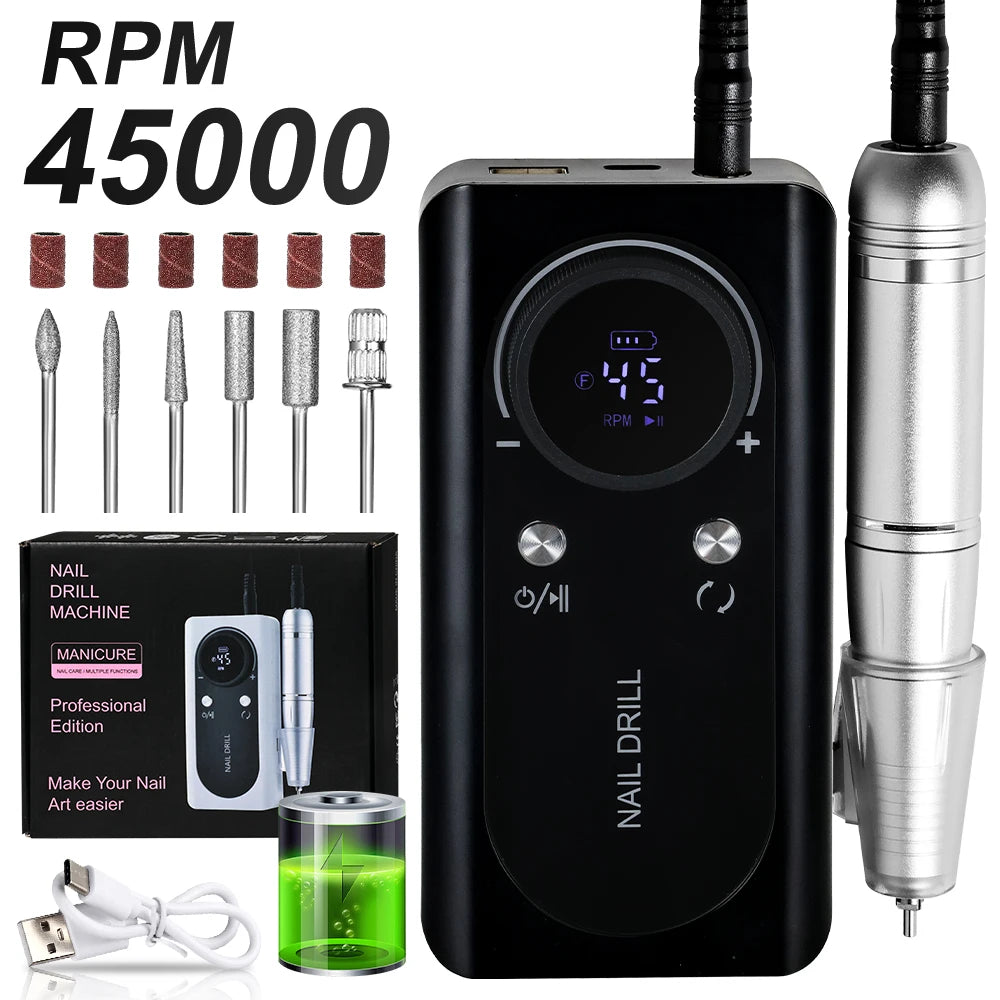 45000RPM Electric Nail Drill File Rechargeable Electric Nail Polishing Machine for Acrylic Gel Dip Powder Manicure Pedicure Tool