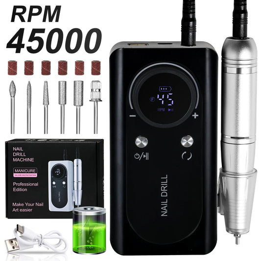 45000RPM Electric Nail Drill File Rechargeable Electric Nail Polishing Machine for Acrylic Gel Dip Powder Manicure Pedicure Tool
