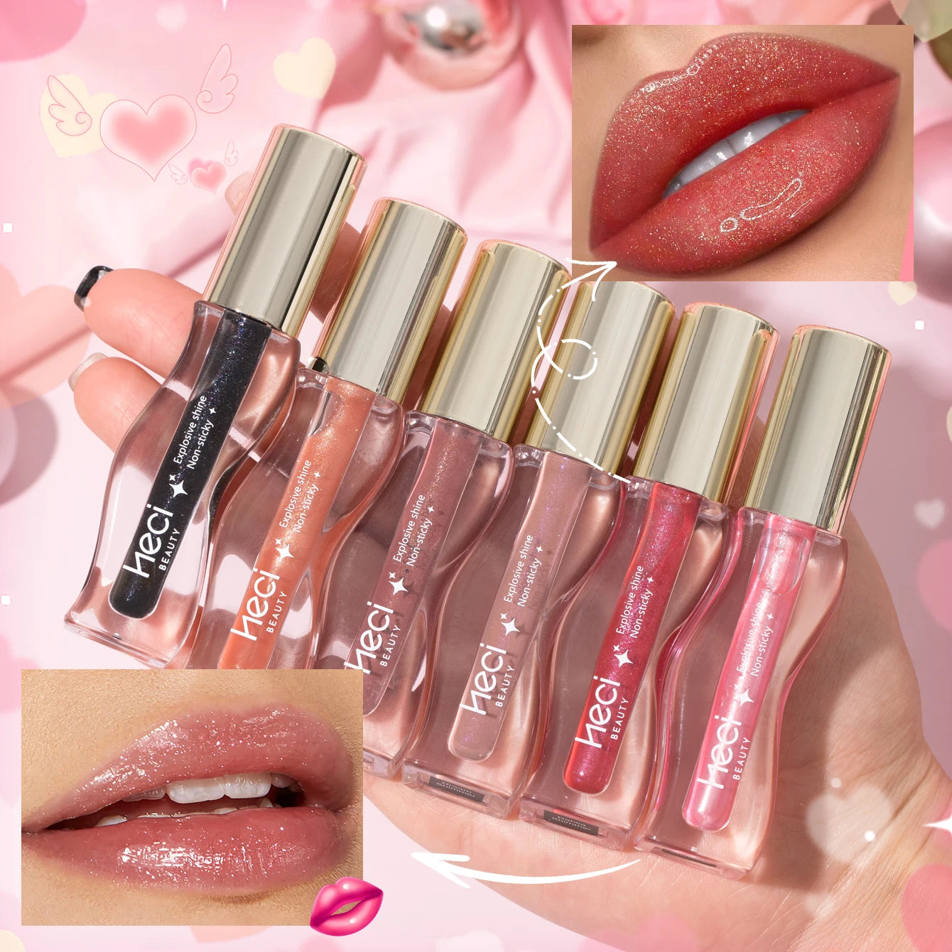 2PCS Shimmer Glossy Lip Glaze Duo- Vegan Tinted Formula, Fine Glitter, Non-Sticky High Shine Glass Lip Finish Sparkle-Nude