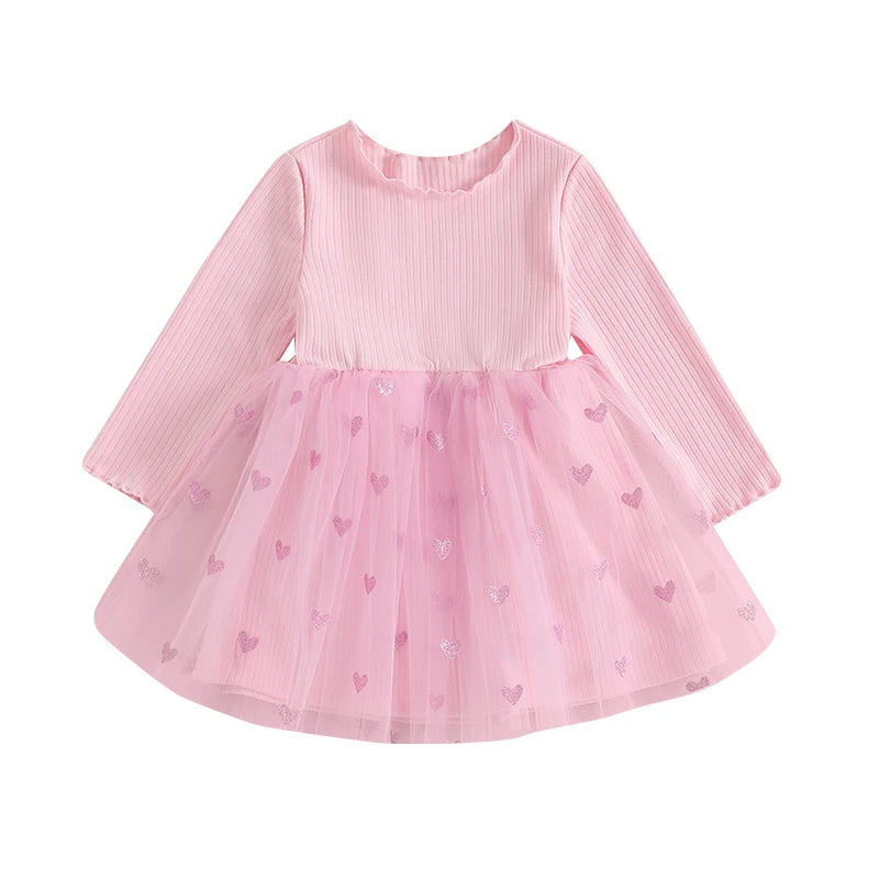 Girls Valentine s Day Heart Print Ruffle Sleeve Dress Toddler Kids Princess Party Dress with Tulle Skirt and Bow