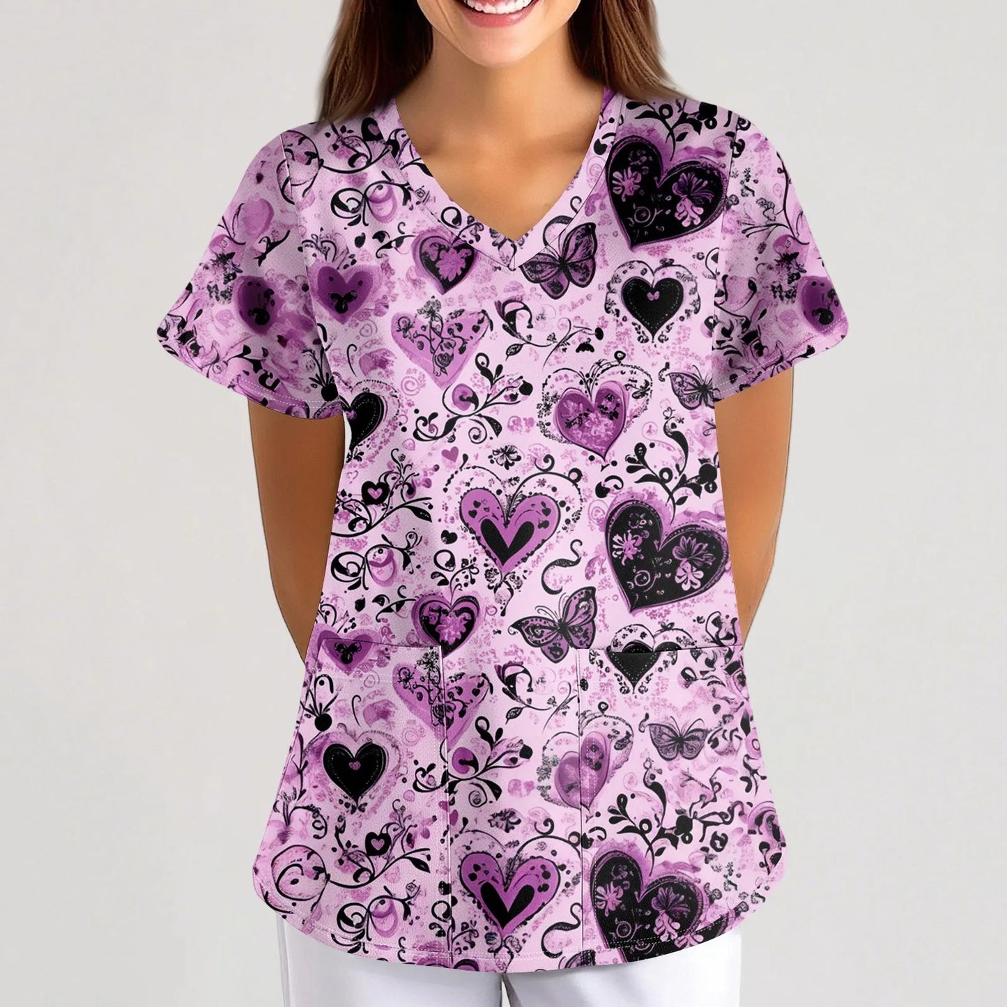 Eillysevens Women Nurse Uniform Cartoon Print Pocket Top