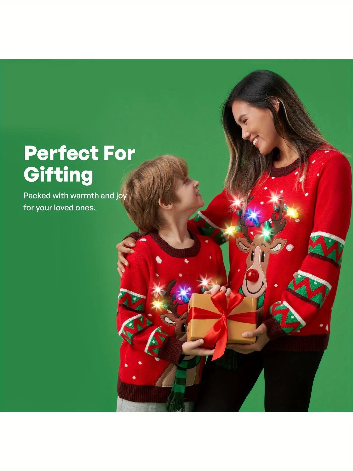 Kid's Christmas Ugly Sweater LED Light Up Reindeer Xmas Sweater Built-in Light Bulbs for Boys Girls (Red, Medium)