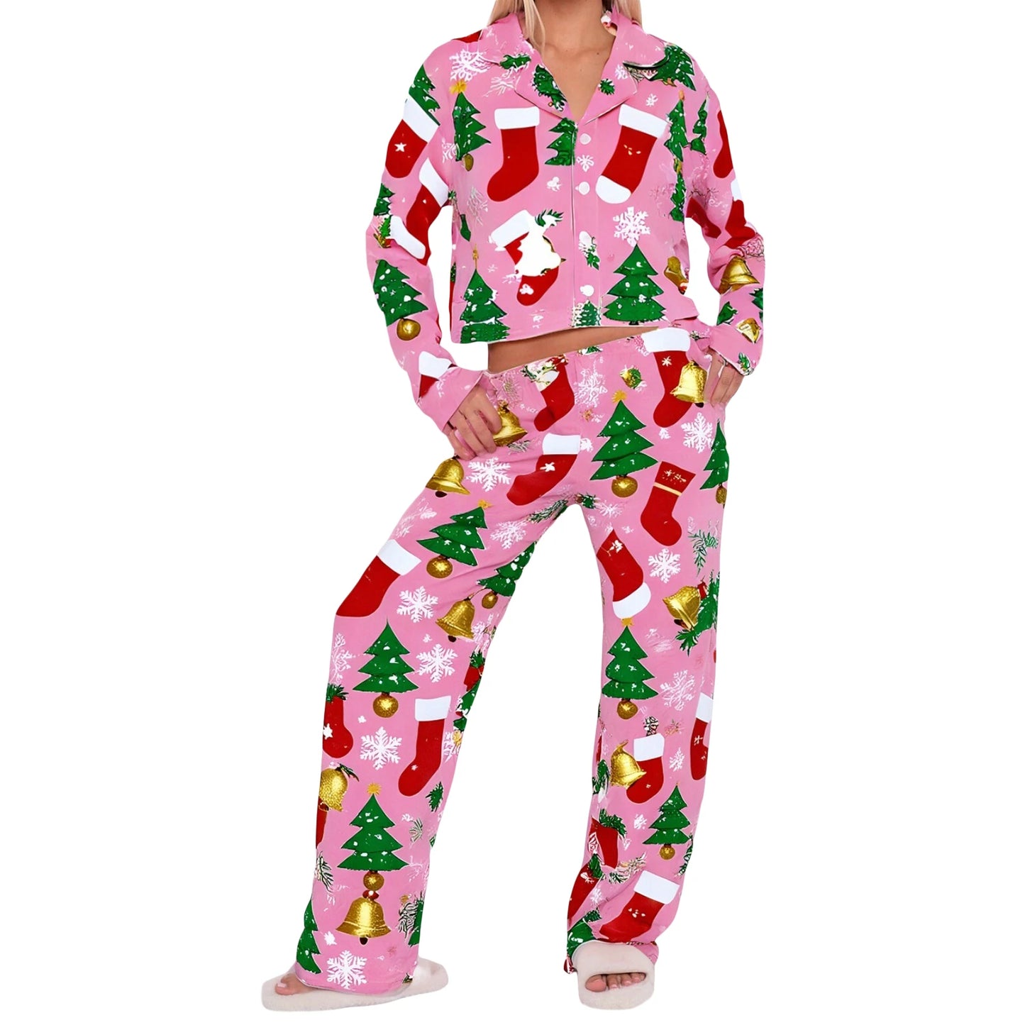 XBTCLXEBCOCN Women Festive Christmas Tree Print Pajama Set With Cozy Long Sleeve Button Up Top And Elastic Waist Pants