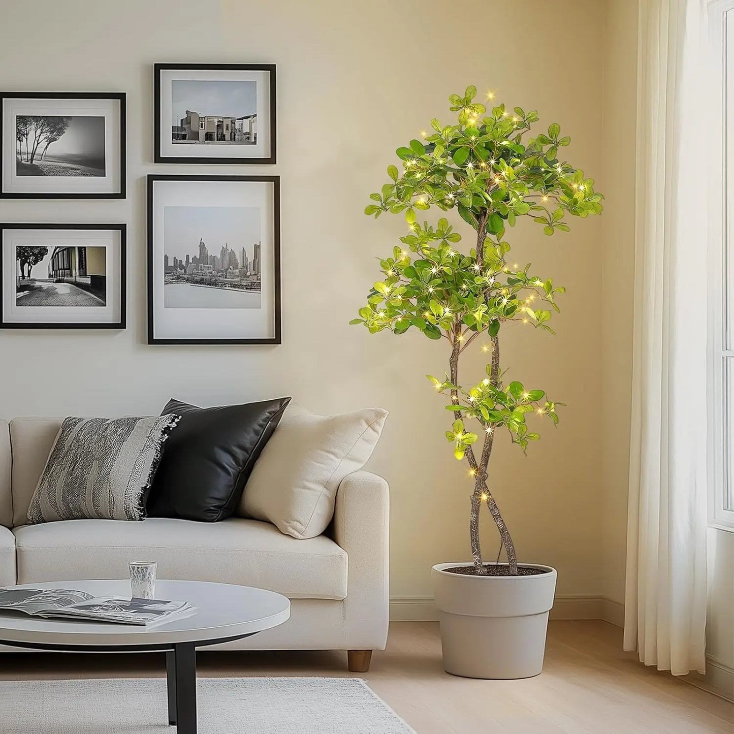 Artificial Indoor Plants, 6ft Fake Black Olive Tree with 100 LED Lights, Tall Fake Plants in Plastic Pot, Artificial Tree for Ho