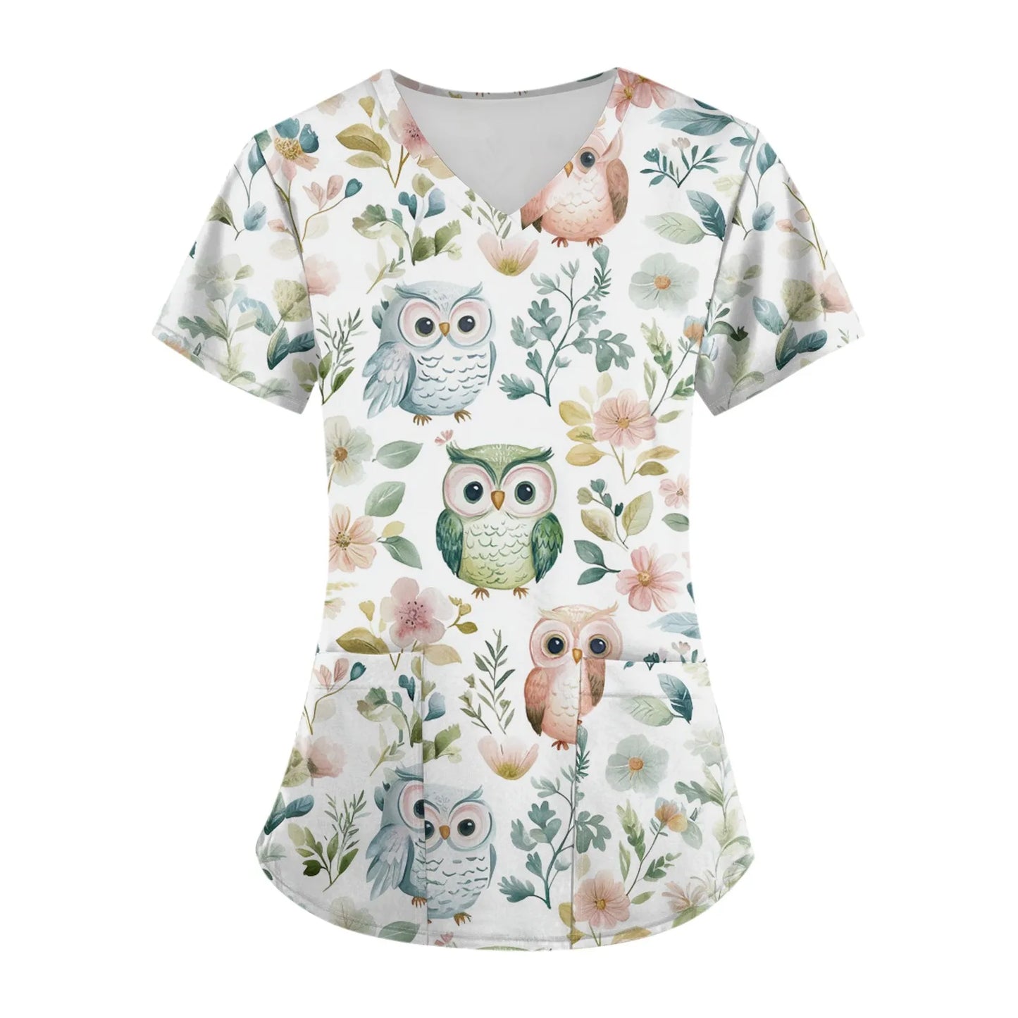 Eillysevens Women Nurse Uniform Cartoon Print Pocket Top