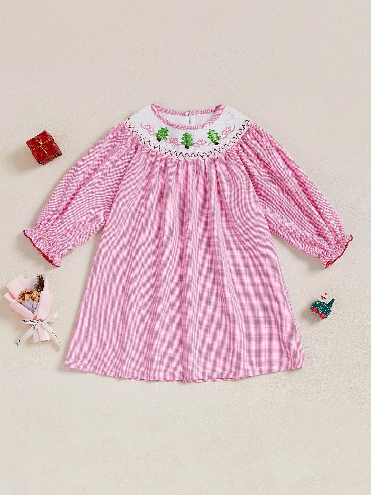Christmas Toddler Girl Dress with Festive Tree Embroidery Mock Neck Long Sleeves and Plaid Print - Holiday A Line Dress