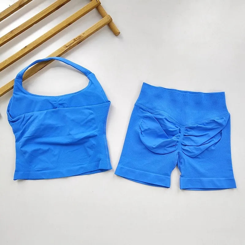 SKINOFSKIN Yoga 2 Piece Gym Set Women Backless Halter Tops