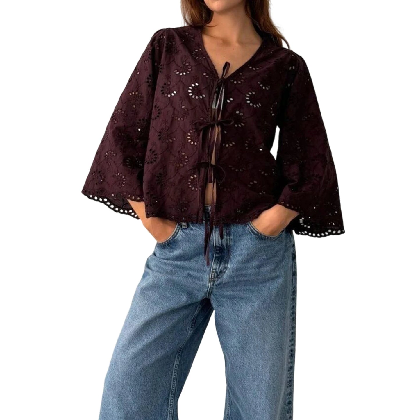 Stylish Women s V Neck Blouse with Eyelet Detailing Solid Color Loose Fit 3 4 Sleeves and Tie Front Design