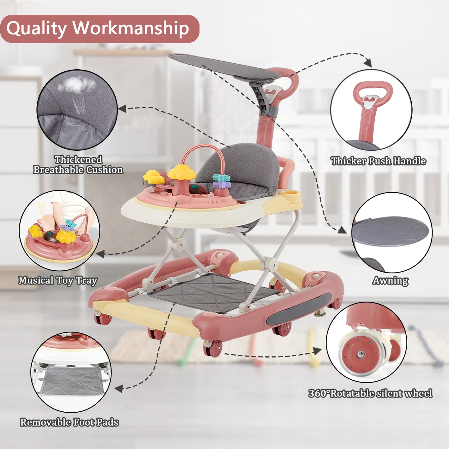 Baby Multi-Functional Foldable Walker With Shielded Awning Anti-Rollover DeluxePro