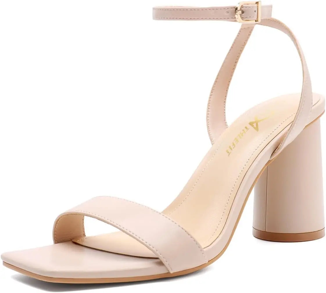 Women's Strappy Chunky Block Heels Fashion Square Open Toe Heeled Sandals Ankle Strap Wedding Party Shoes