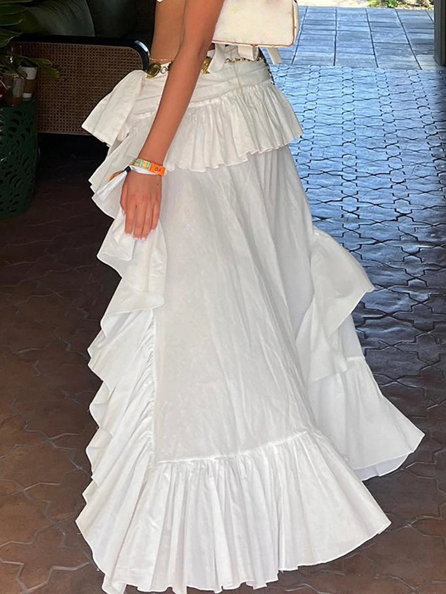 Women s White Boho Skirt Elastic Band Waist Flowy Skirt Irregular Ruffle Asymmetrical Midi Skirt