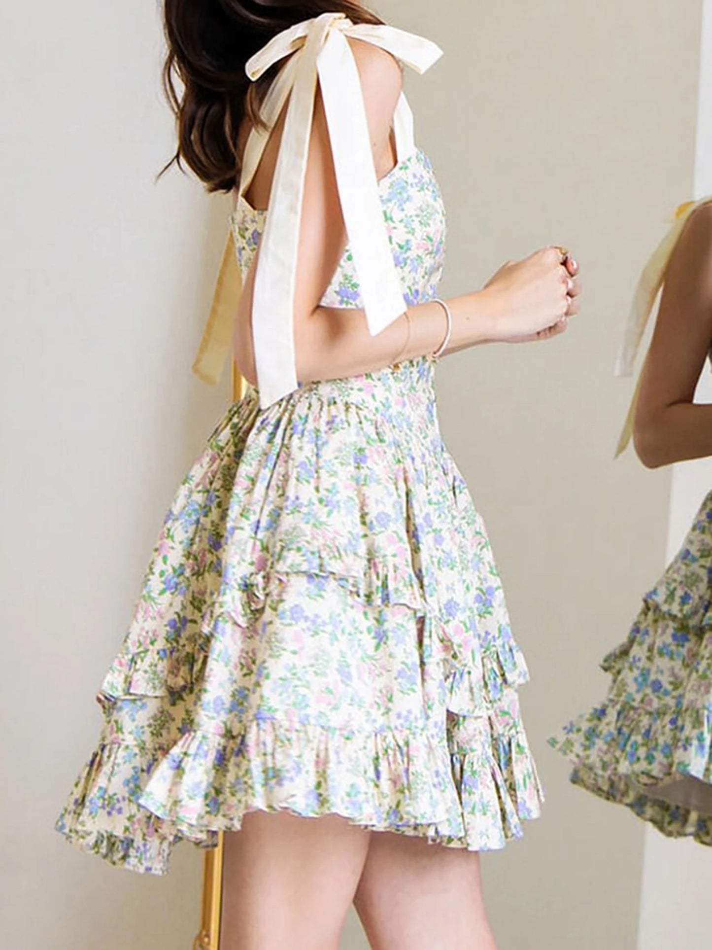 Hirigin Elegant Sleeveless Floral Print Mini Dress Bow Tie Shoulder