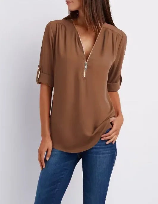 2025 Hot Sale Women Cool Loose Shirt Deep V Neck Chiffon Fashion Blouse Casual Ladies Tops Sexy Zipper Pullover Plus Size