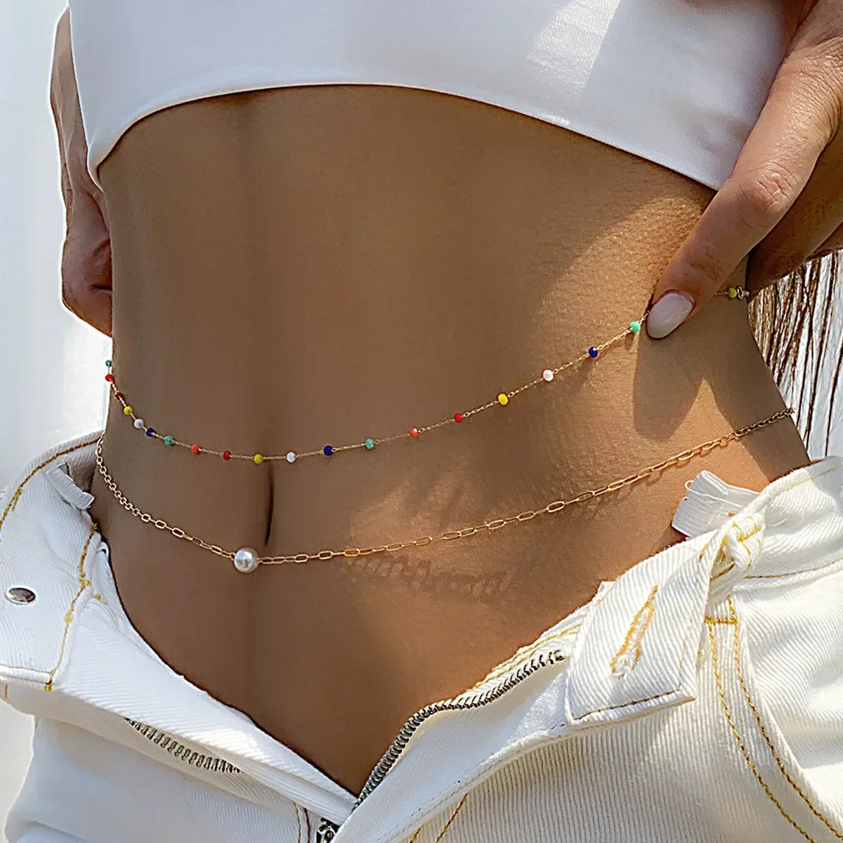 Double Layer Rhinestone Tassel Waist Chain Body Jewelry