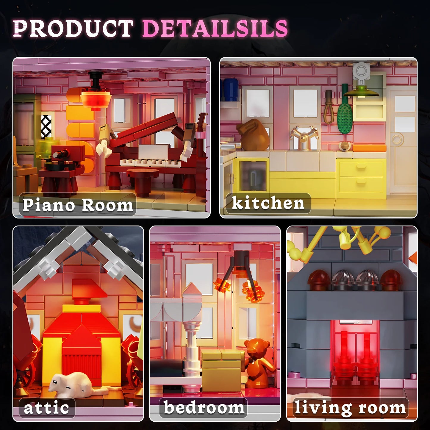 Pink Palace House Building Blocks Set with Lights,Horror Haunted House Bricks Toys Christmas Halloween Gifts for Kids(1349PCS)