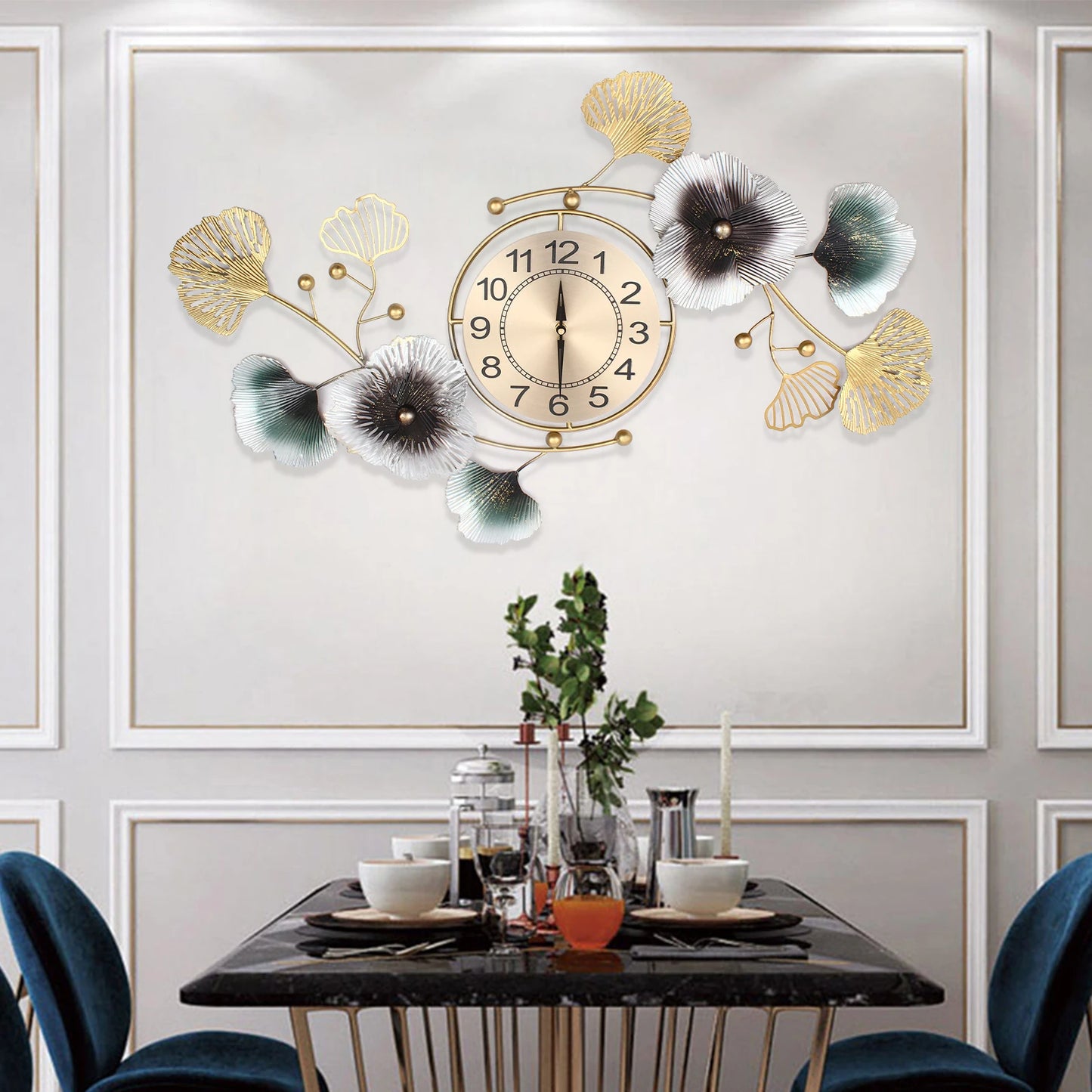 90*45 Cm Large Metal Wall Clock Ginkgo Leaf Quartz Movement Wall Watch Home Decor Battery Powered for Living Room/hallway/office