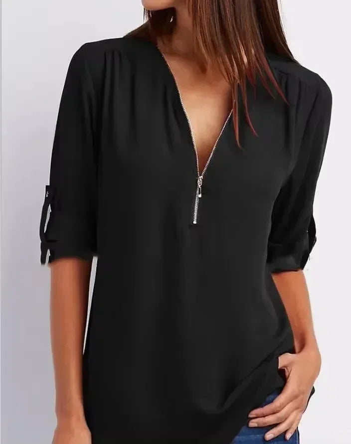 2025 Hot Sale Women Cool Loose Shirt Deep V Neck Chiffon Fashion Blouse Casual Ladies Tops Sexy Zipper Pullover Plus Size