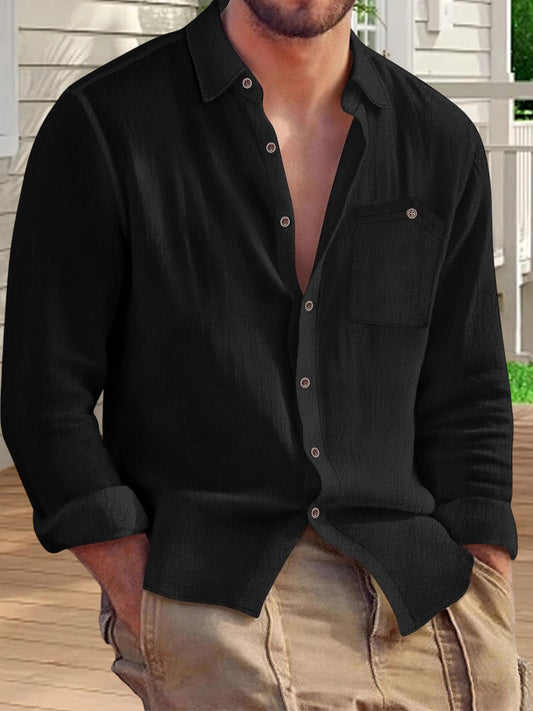 Men s Relaxed Fit Long Sleeve Solid Color Button Down Shirt with Turn-down Collar and Chest Pockets for Autumn Casual Wear