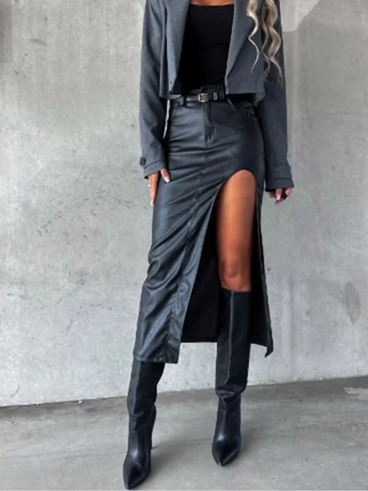 Gothic Mid Pu Leather Black Dress Solid Color Slit Sexy Hip Hugging Skirt High Streetwear Fashion Punk Style Vintage Clothes