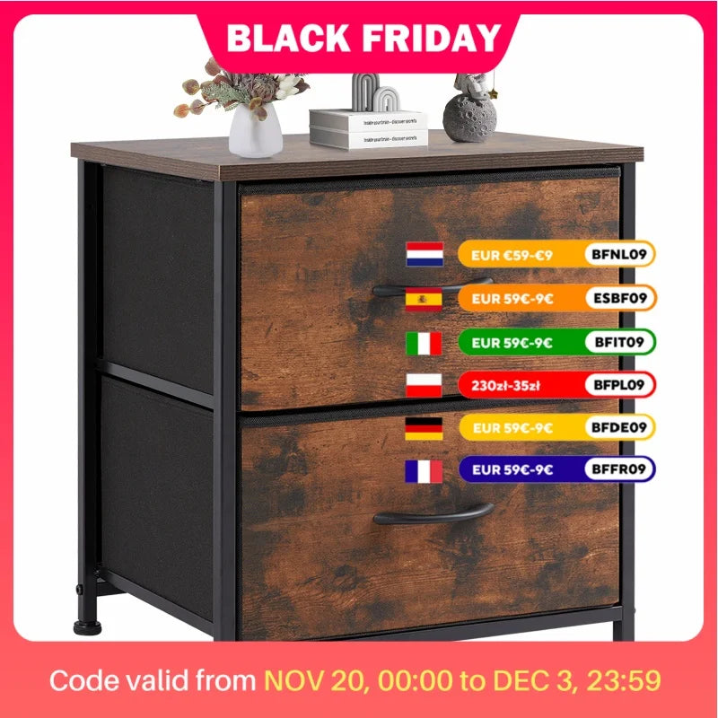JHK Nightstand Bedside Table With 2 Fabric Drawers Storage Cabinet