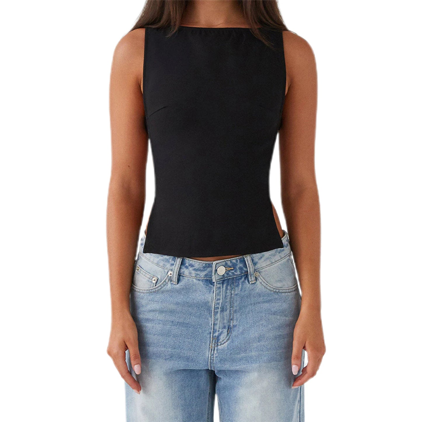 Hirigin Women Sleeveless Boat Neck Tank Top With Side Buckle