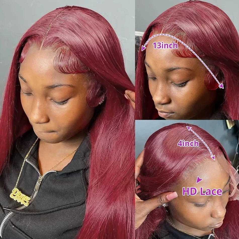 30 Inch Burgundy 13x4 HD Lace Frontal Straight Human Hair Wigs Pre Plucked Brazilian 99J Colored 13x6 Lace Front Human Hair Wig