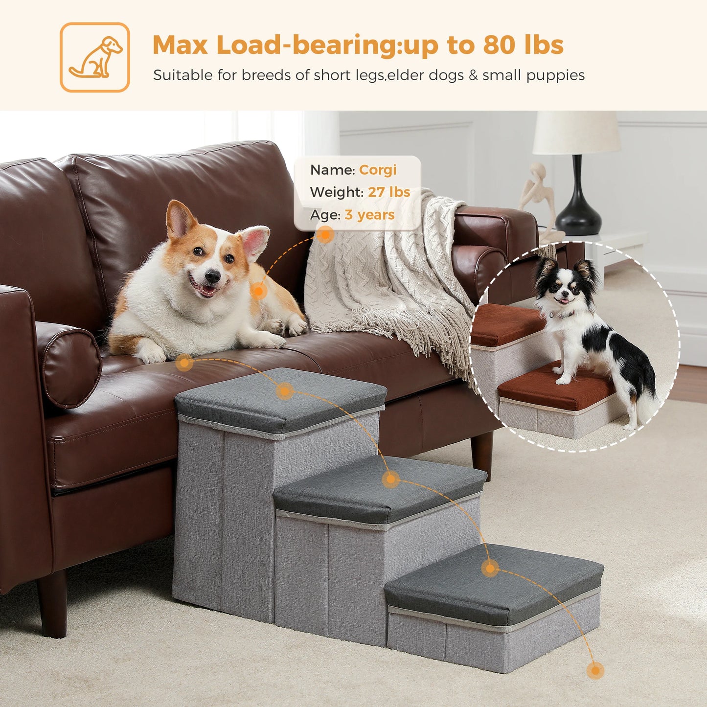 PAWZ Road Three Tier Dog Stairs Foldable Pet Ramp Storage