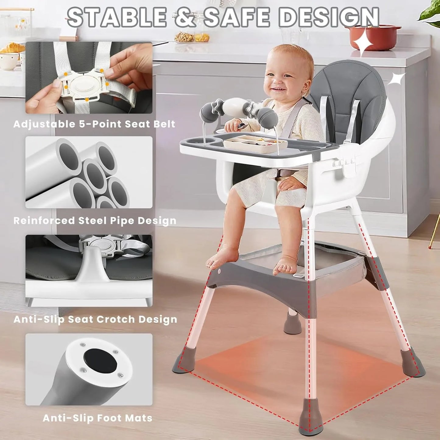 Convertible Foldable High Chair With Tray Cup Holder