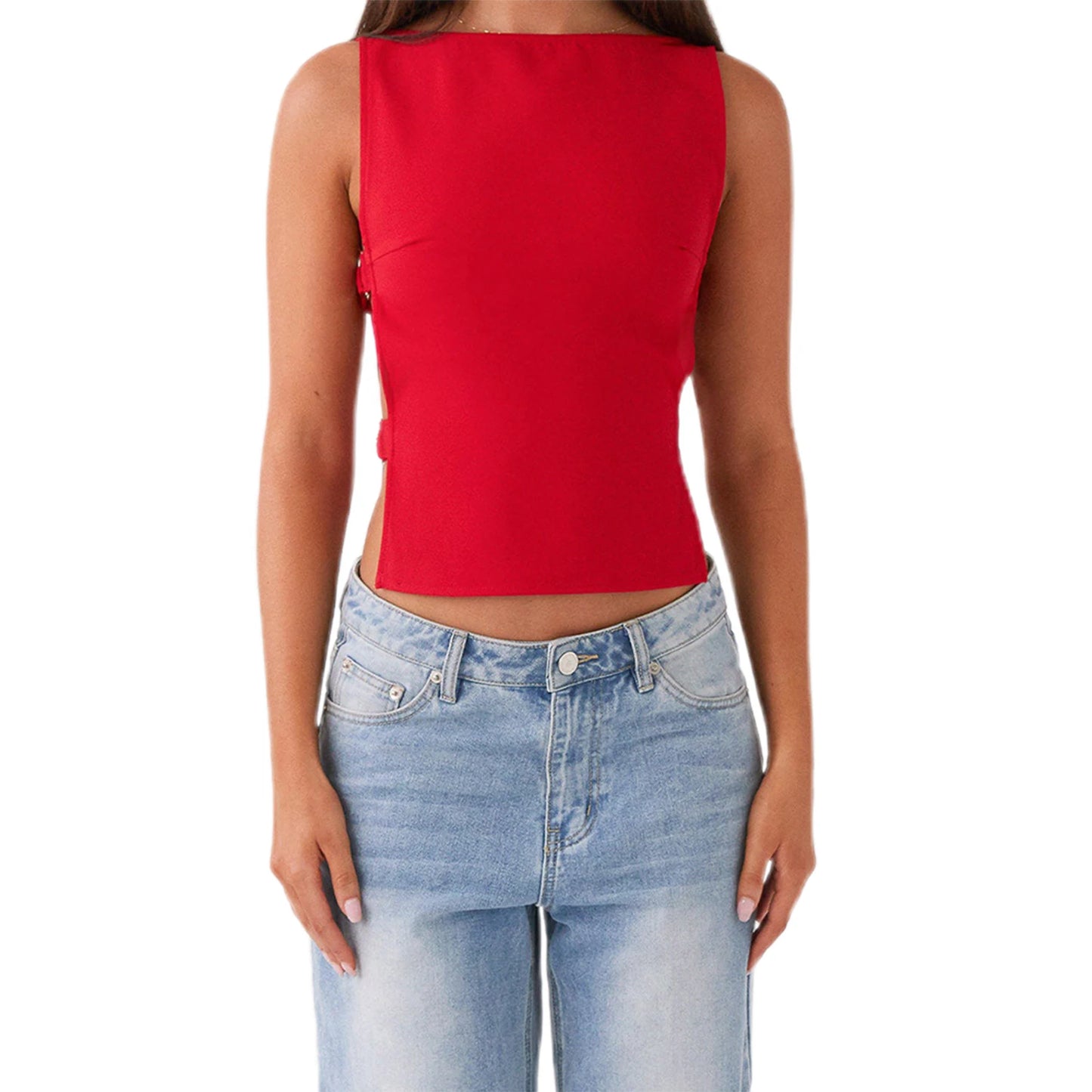 Hirigin Women Sleeveless Boat Neck Tank Top With Side Buckle