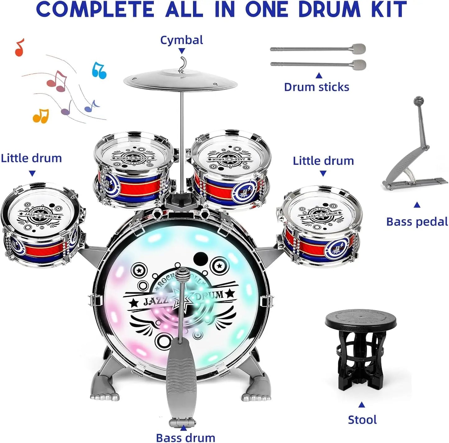 SANMERSEN Mini Jazz Drum Set 6 Drums With Stool LED