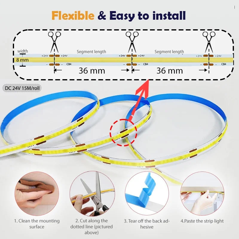 ETL Listed 24V 50ft/15m COB LED Strip Light 3000K/4000K/6500K Dimmable with RF Remote for Bedroom Cabinet(Power Supply Included)