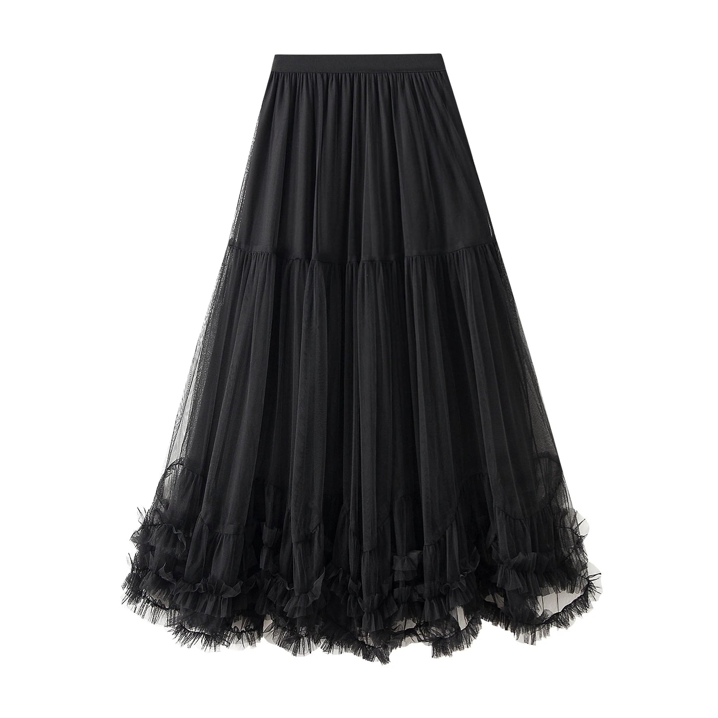 Women’s Tulle Long Skirts Elastic High Waist Ruffle Hem Tutu Skirts Fluffy A-line Midi Skirts
