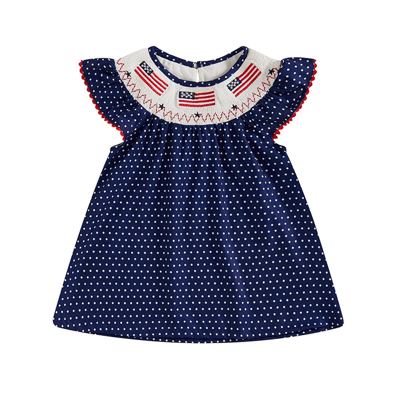 Girls American Flag Embroidered Dress with Polka Dot and Plaid Print Short Sleeve Toddler Dress for Patriotic Events and Cute