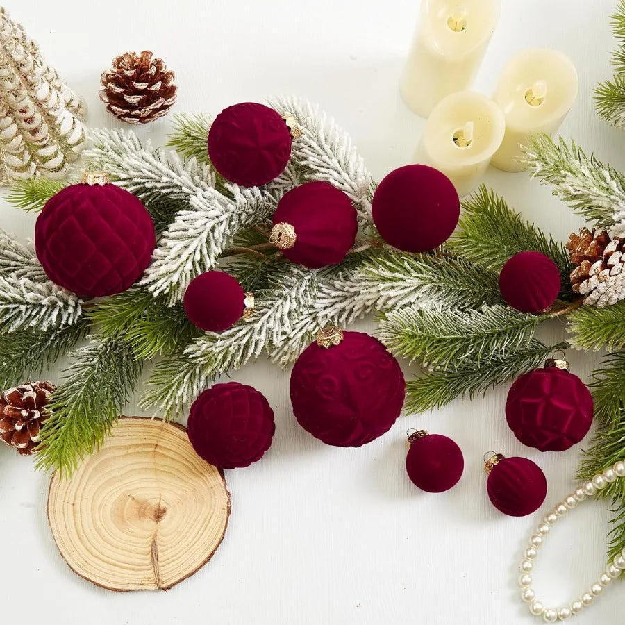 Velvet Christmas Ball Ornaments 46pcs Flocked Christmas Tree Decorations Set Assorted Shatterproof Hanging Ornaments with Loop