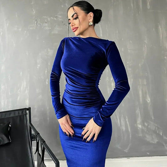 Dulzura Velvet Long Sleeve Midi Dress For Women Ruched Party