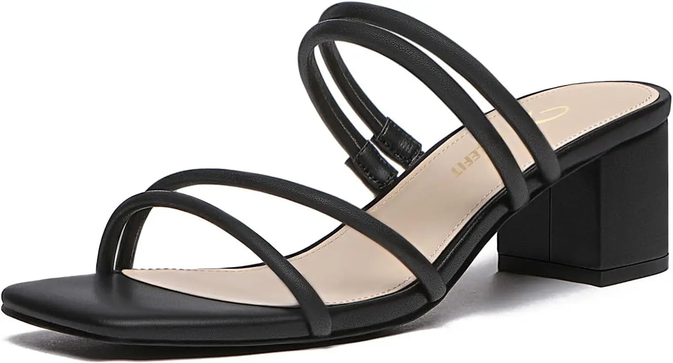 Women's Strappy Block Chunky Heels Fashion Square Open Toe Slip On Heeled Sandals