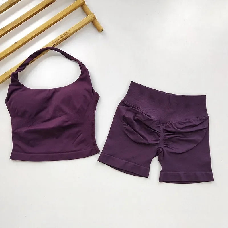 SKINOFSKIN Yoga 2 Piece Gym Set Women Backless Halter Tops