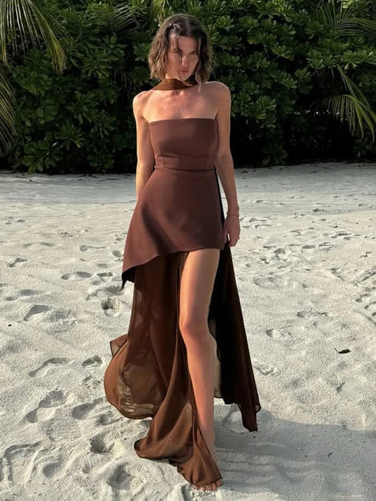 TARUXYCN Strapless Ribbon Dress Women Elegant Mesh Sleeveless Maxi Beach Vacation