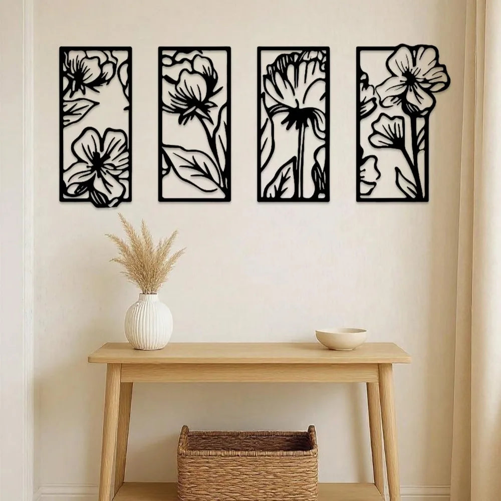 CIFBUY 4 Piece Metal Floral Wall Art Set