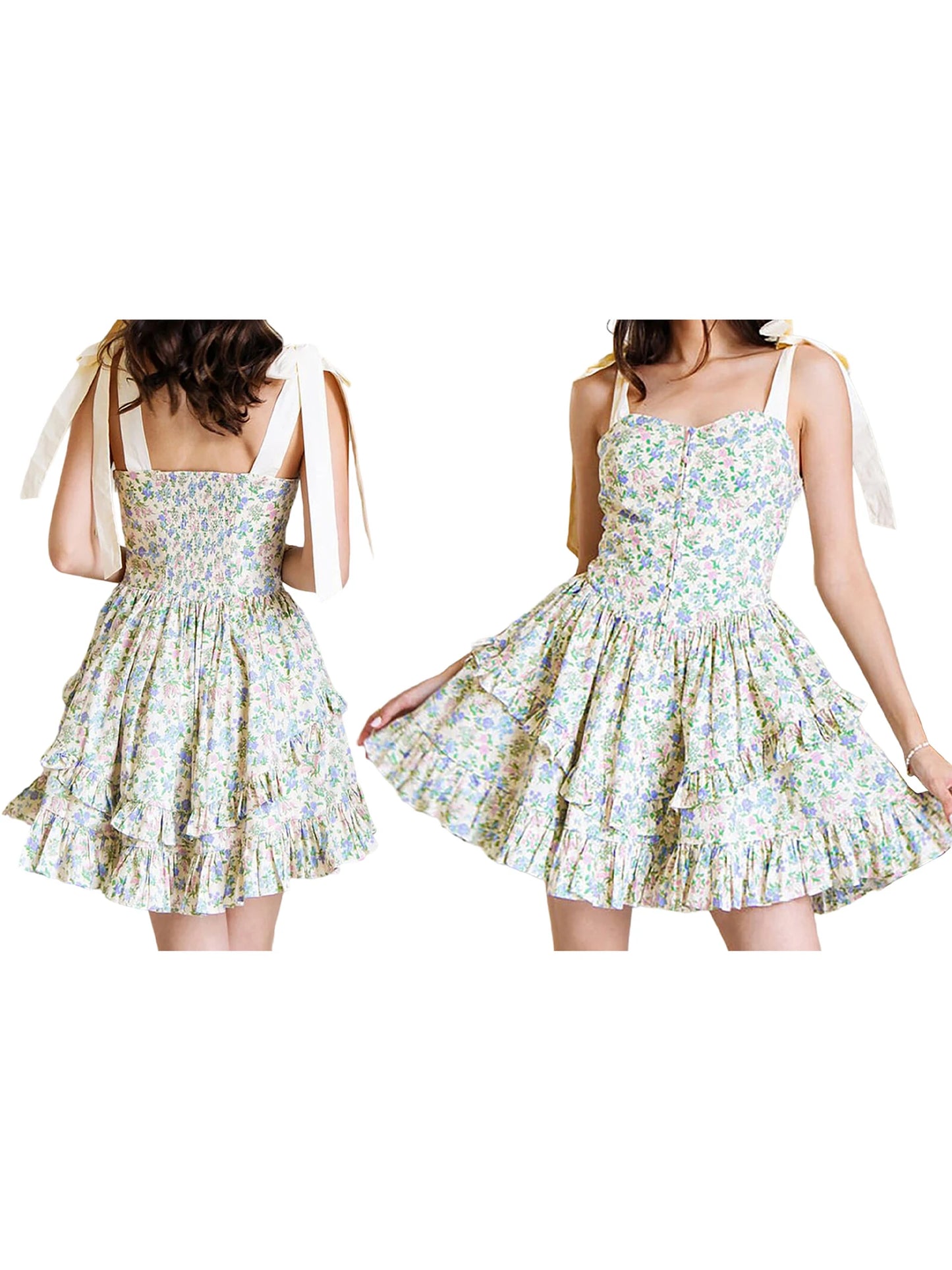 Hirigin Elegant Sleeveless Floral Print Mini Dress Bow Tie Shoulder