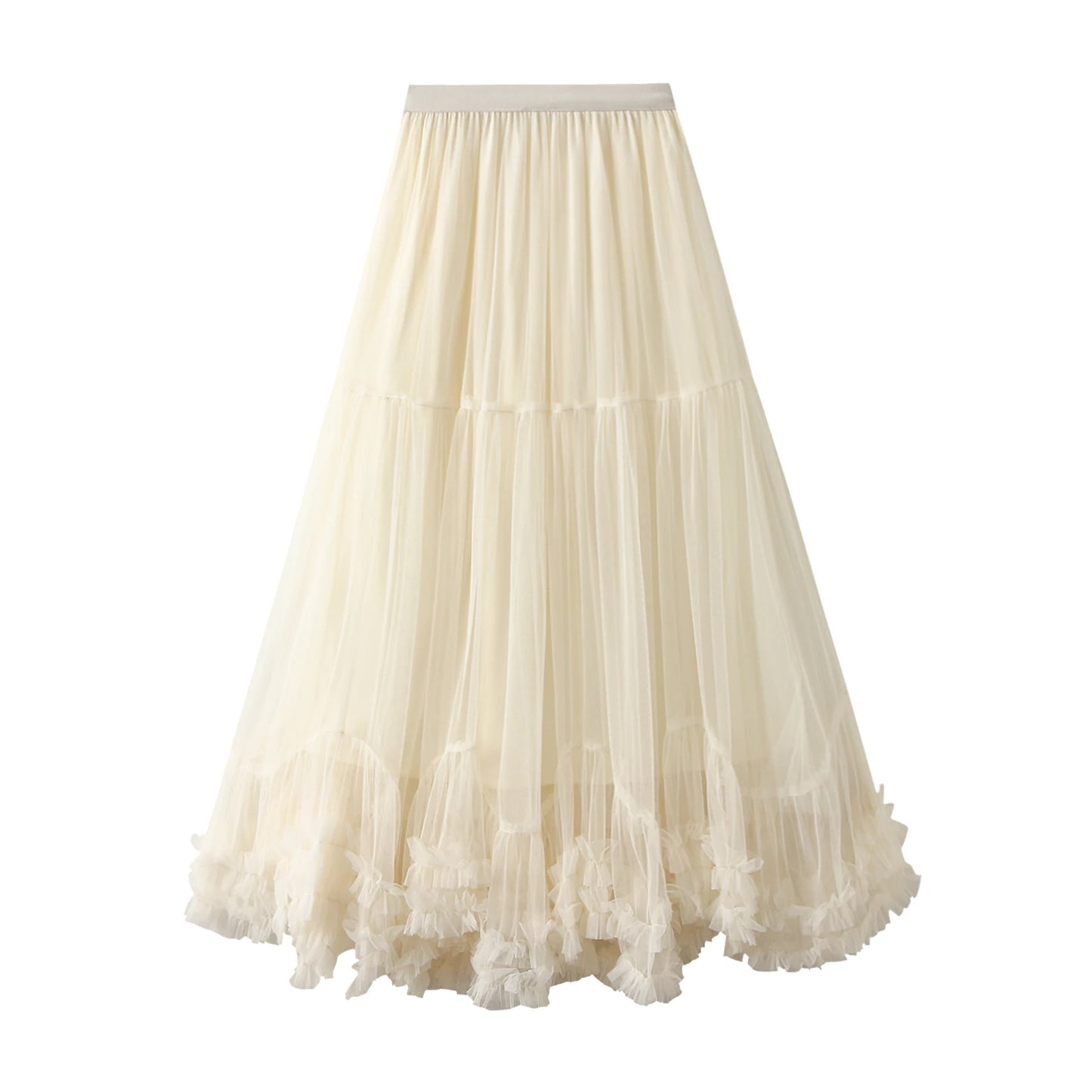 Women’s Tulle Long Skirts Elastic High Waist Ruffle Hem Tutu Skirts Fluffy A-line Midi Skirts