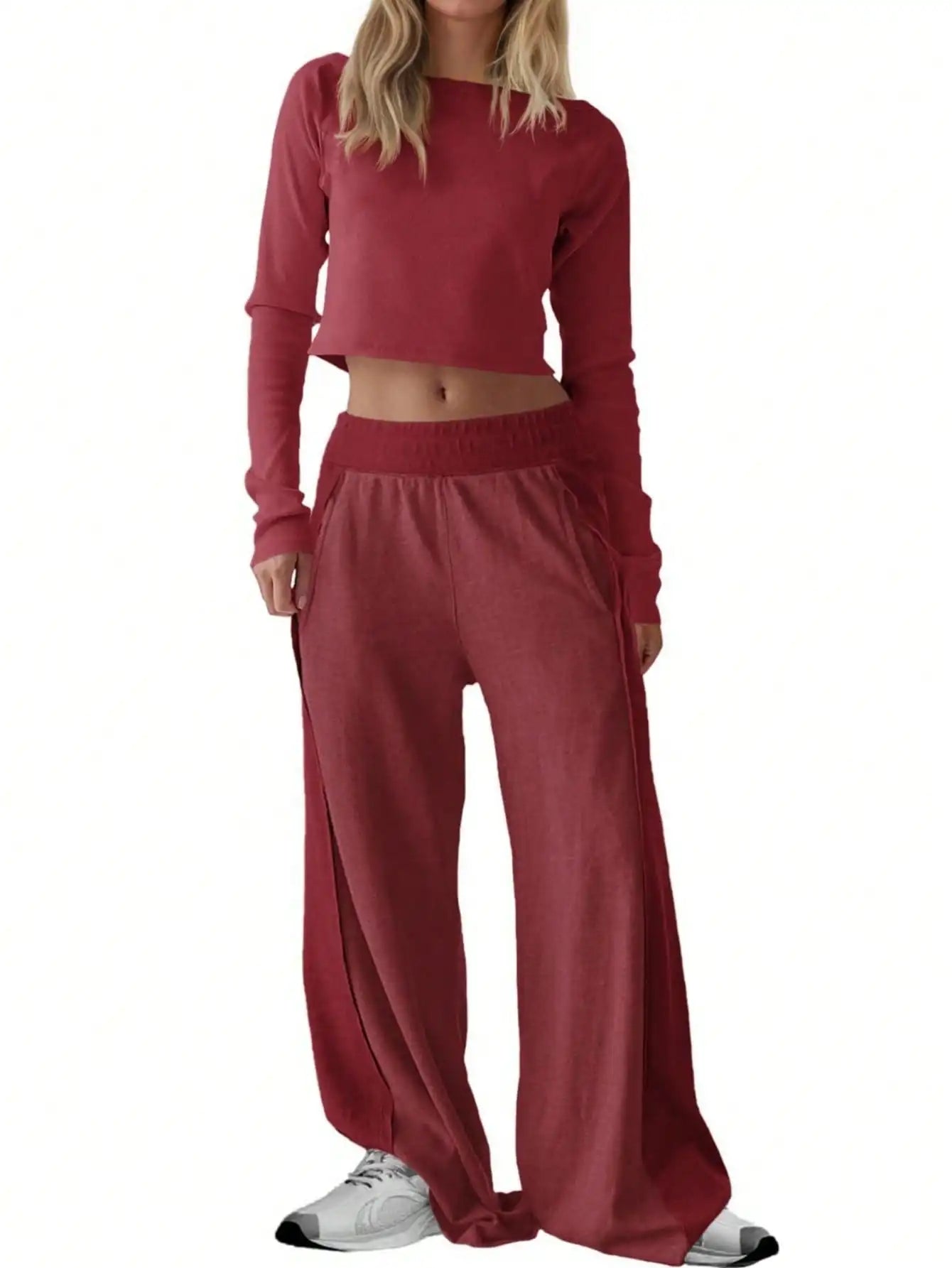 Fisoew Women Two Piece Set Off Shoulder Crop Top Wide Leg Pants Casual Lounge Wear Travel Outfit Long Sleeve Tracksuit