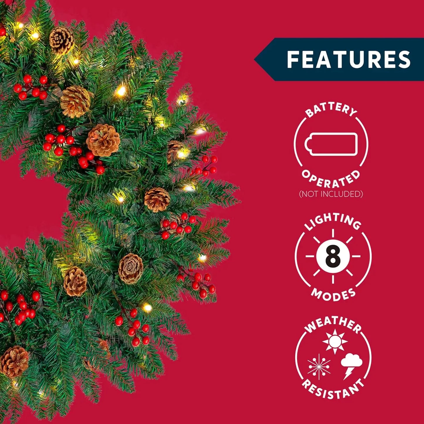 Joyfy Artificial Christmas Garland Prelit With LED Lights Pine Cones And Red Berries For Home Office Decor