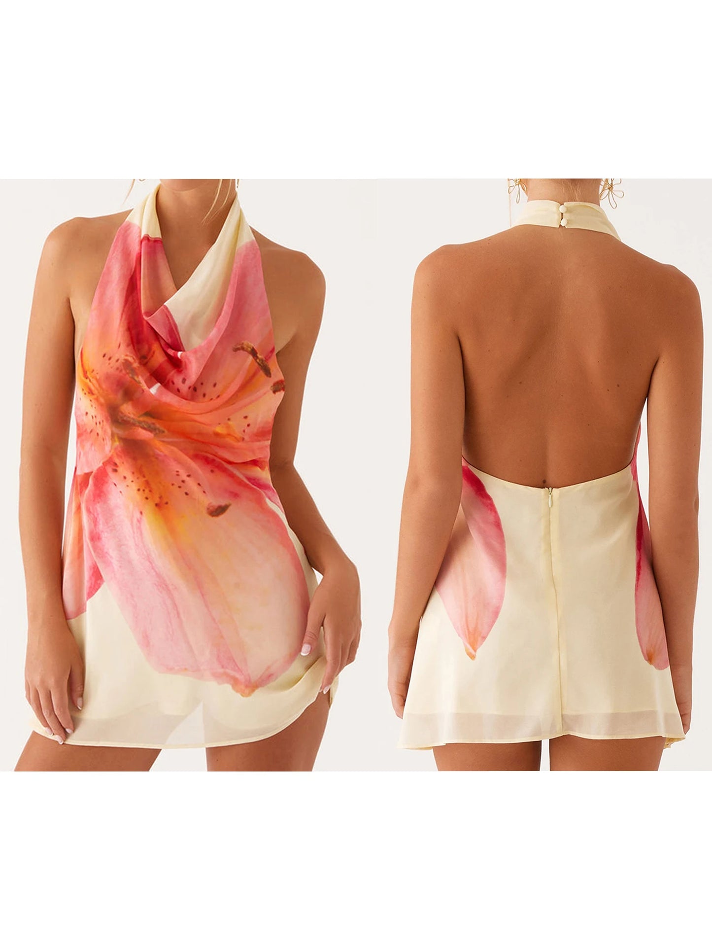 Hirigin Elegant Floral Sleeveless Halter Neck Mini Dress For Women