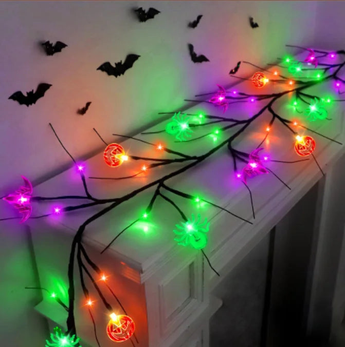 Willow Vine Halloween String Lights With Bat Spider Pumpkin